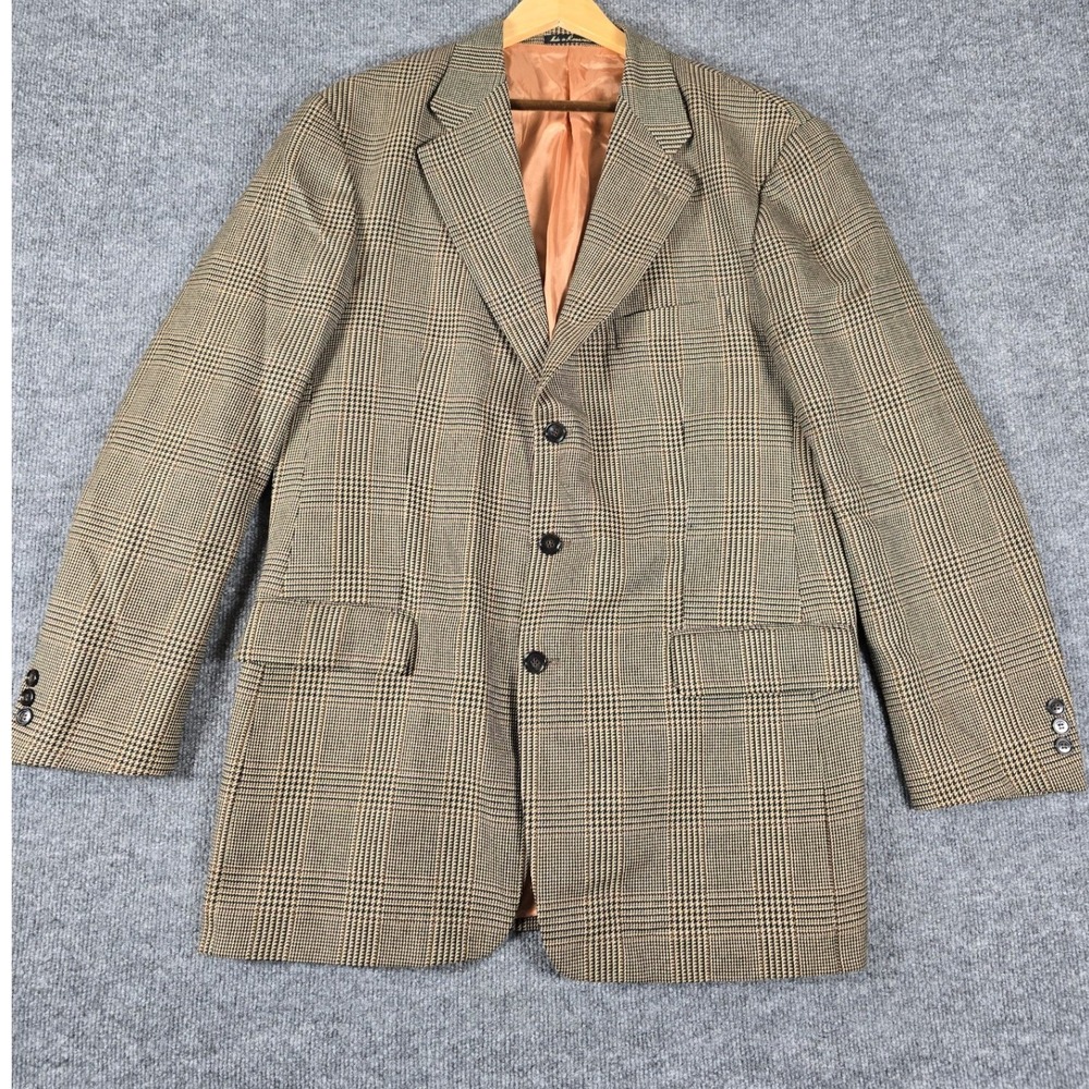 J. Riggings Mens 44L Plaid Blazer Sport Coat Jacket Wool Blend Brown Tan‎